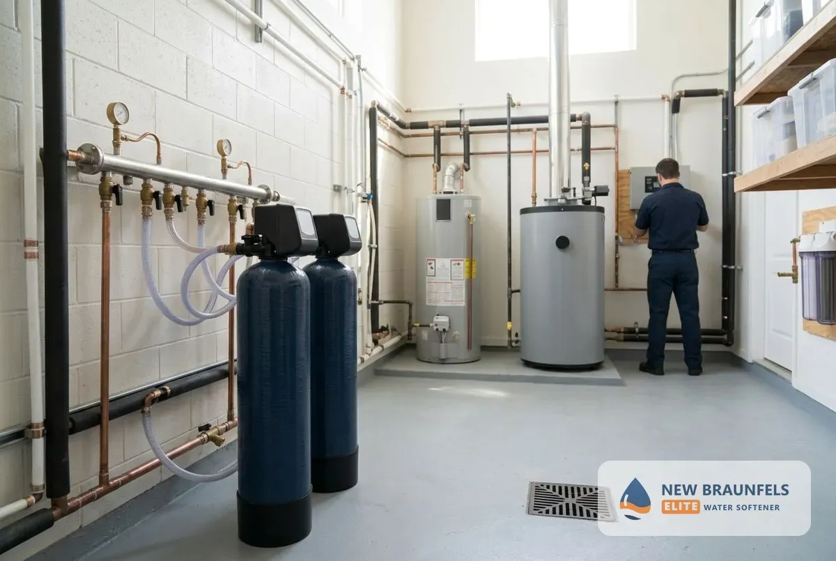 Commercial water softener New Braunfels TX high-flow system in a mechanical room