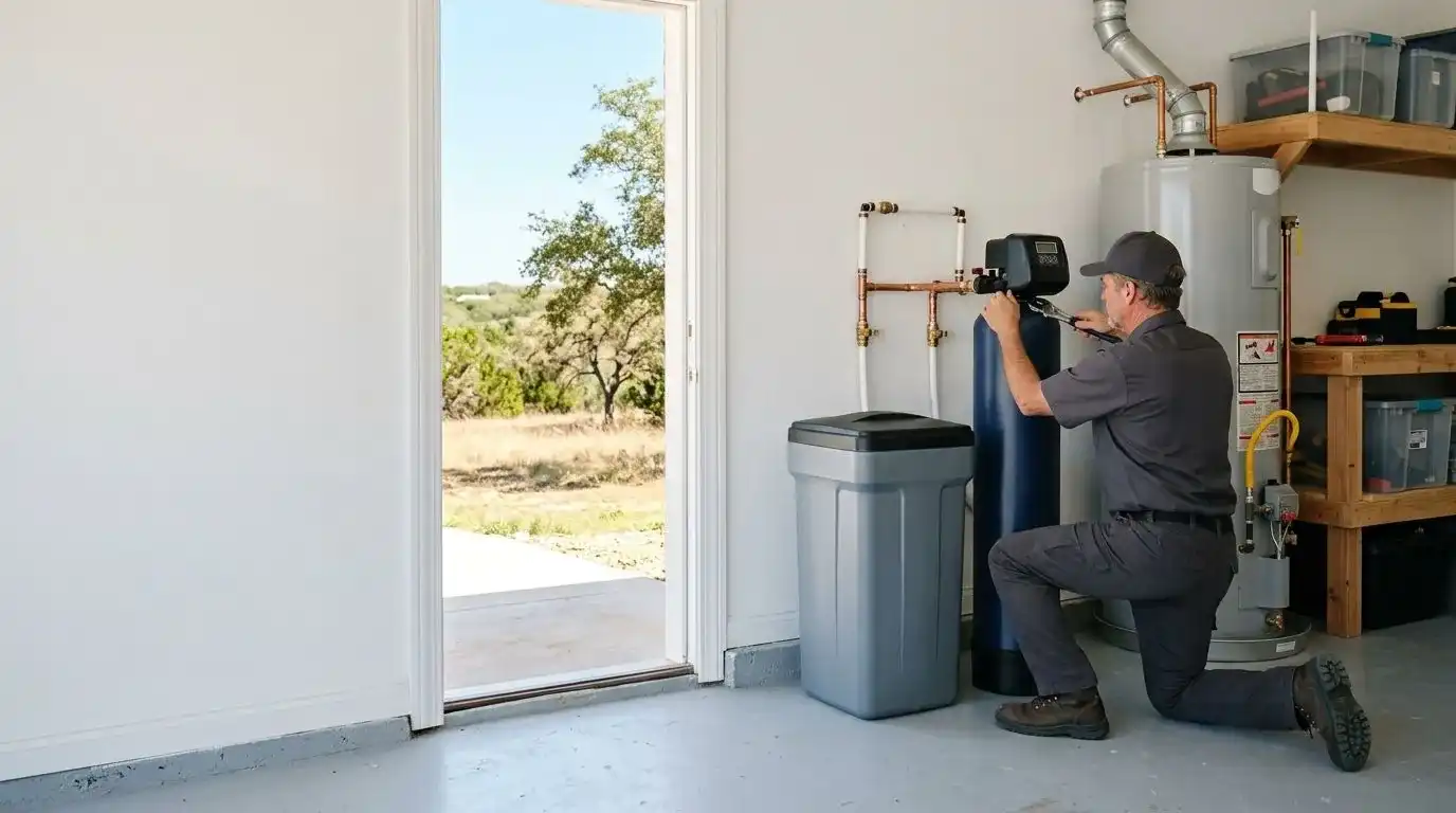 Technician installing a water softener New Braunfels TX home