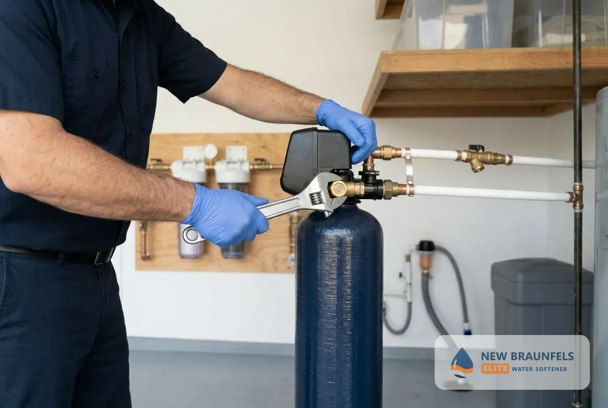 Water softener installation New Braunfels TX technician connecting a softener