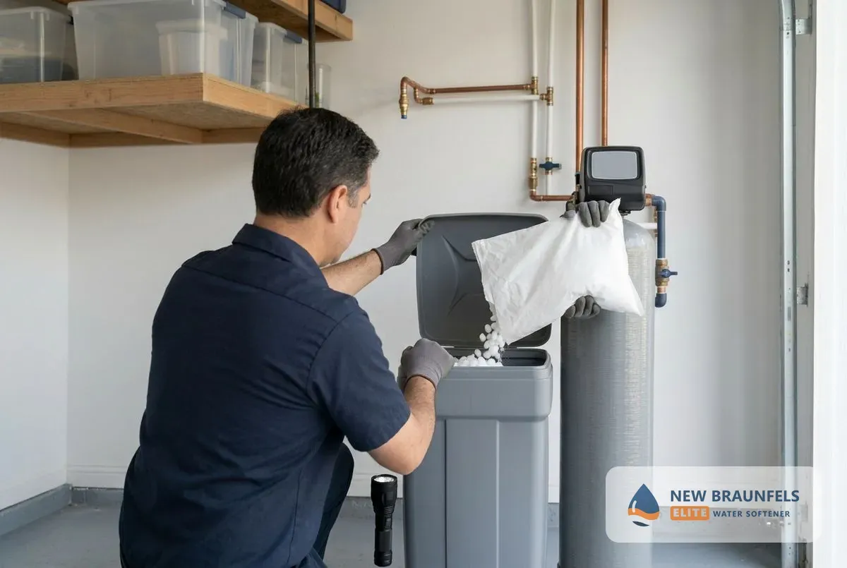 Water softener maintenance New Braunfels TX technician checking brine tank
