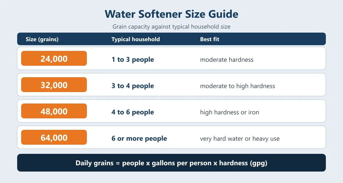 Water softener size guide New Braunfels TX grain capacity chart